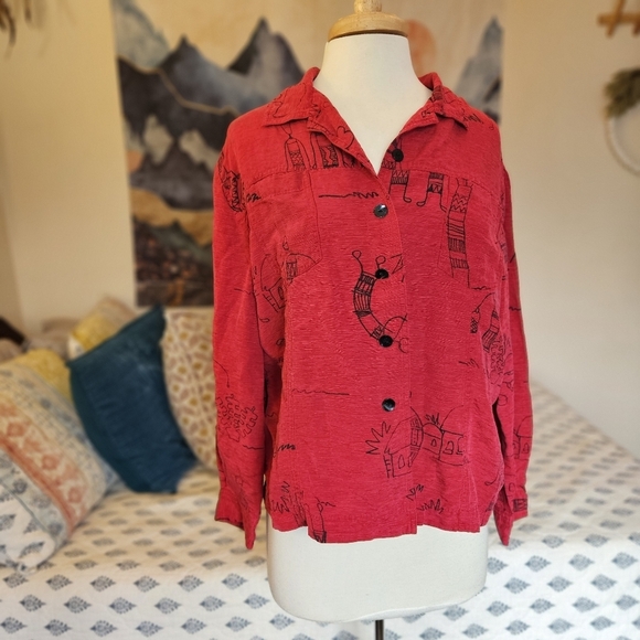 Chico’s M Silk-Linen Western Shirt Red Art Print Button-Up Blouse - Picture 3 of 8